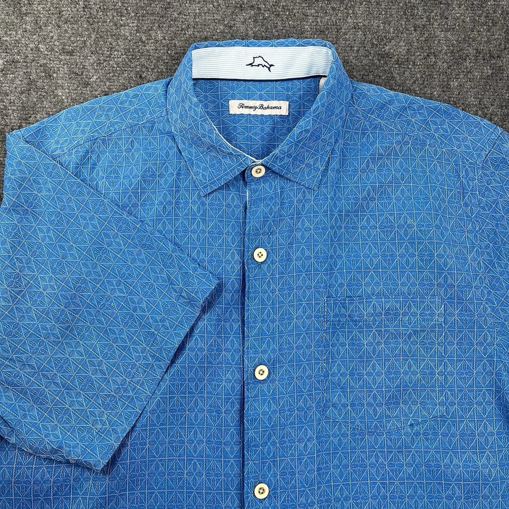 Tommy Bahama Large 100% Silk Button Up Shirt Geometric Baby Royal Blue Ocean